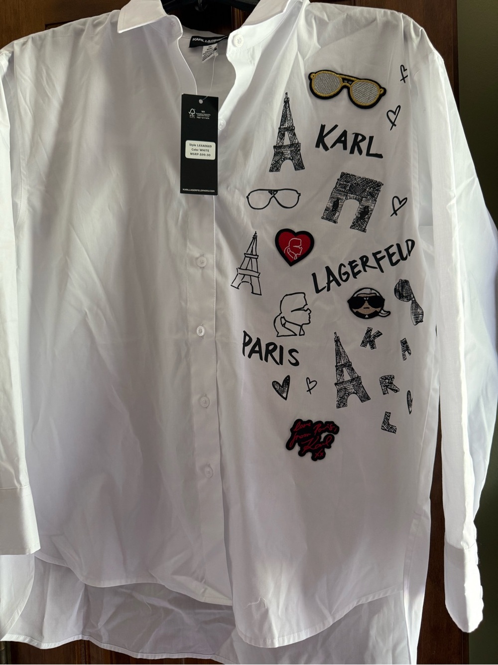 Karl Lagerfeld White Button-Up Shirt with Black & Red Graphic Accents